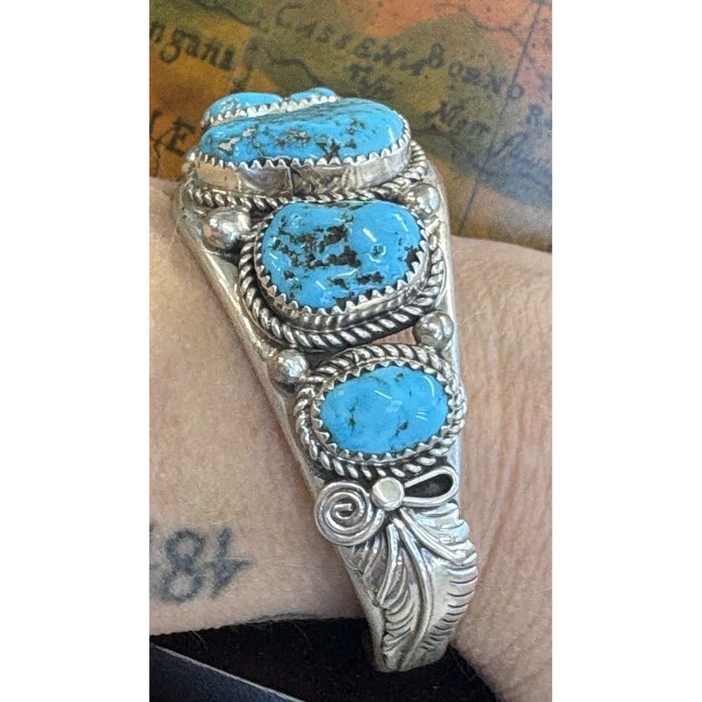 Vintage Native American Navajo Kingman Turquoise Silver Cuff Bracelet 43g - Picture 9 of 9